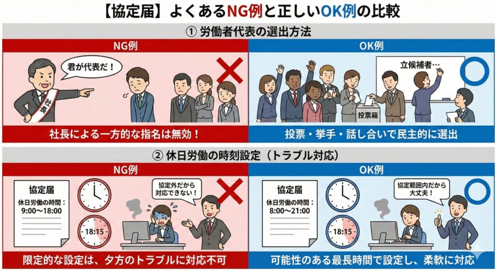 (ここにNG例とOK例の比較図表) ※「社長の指名」vs「投票・挙手」のイラスト比較